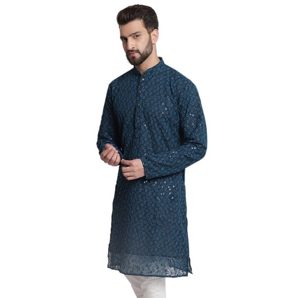 Men Chikankari Georgette Blue Color Kurta Full Sleeve Knee Length Kurta - Picture 3 of 6